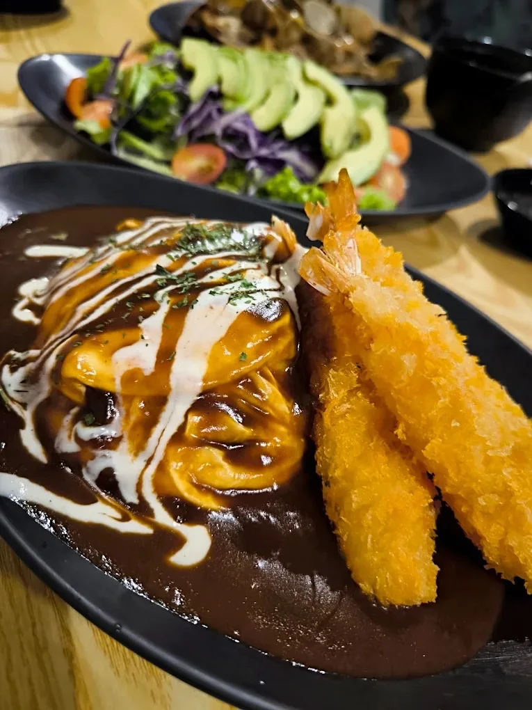 Ebi Fry OmuRice — crunchy panko prawns beside the tornado omelette