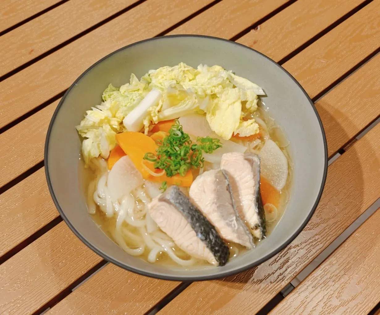 Salmon Miso Udon — poached salmon and thick udon in miso broth